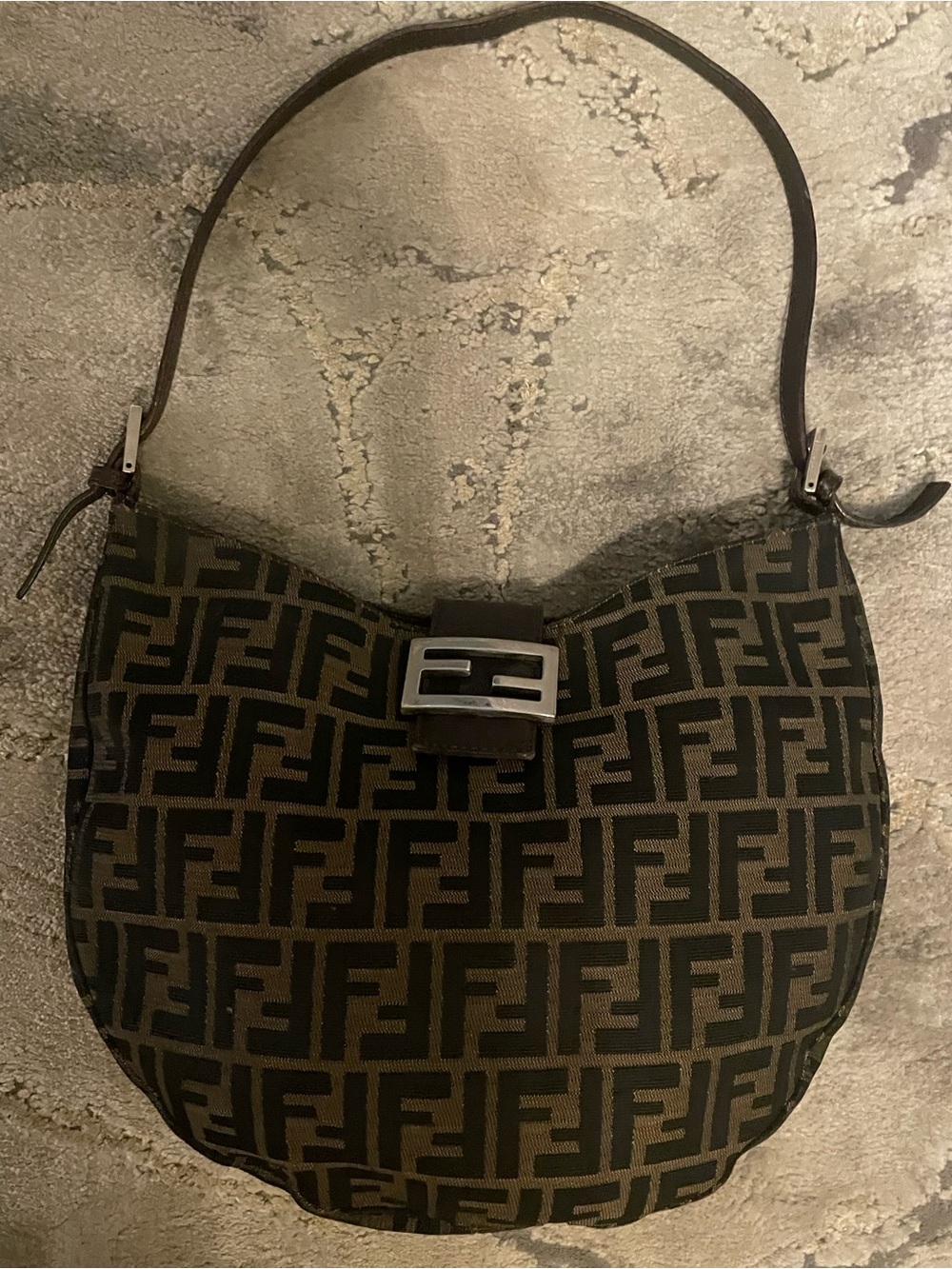 Fendi Zucca FF Logo Bucket Hobo Shoulder Bag in Brown and Black